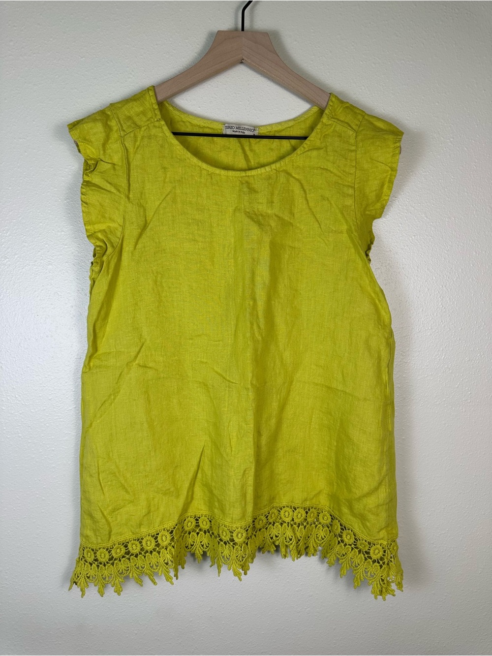 TERZO MILLENNIO Small Italian 100% Linen Coastal Cap Sleeve Lace Hem Blouse Top